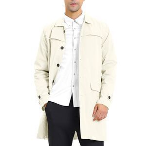 Men's Trench Coat Single Breasted Button Down Jacket Long Overcoat White